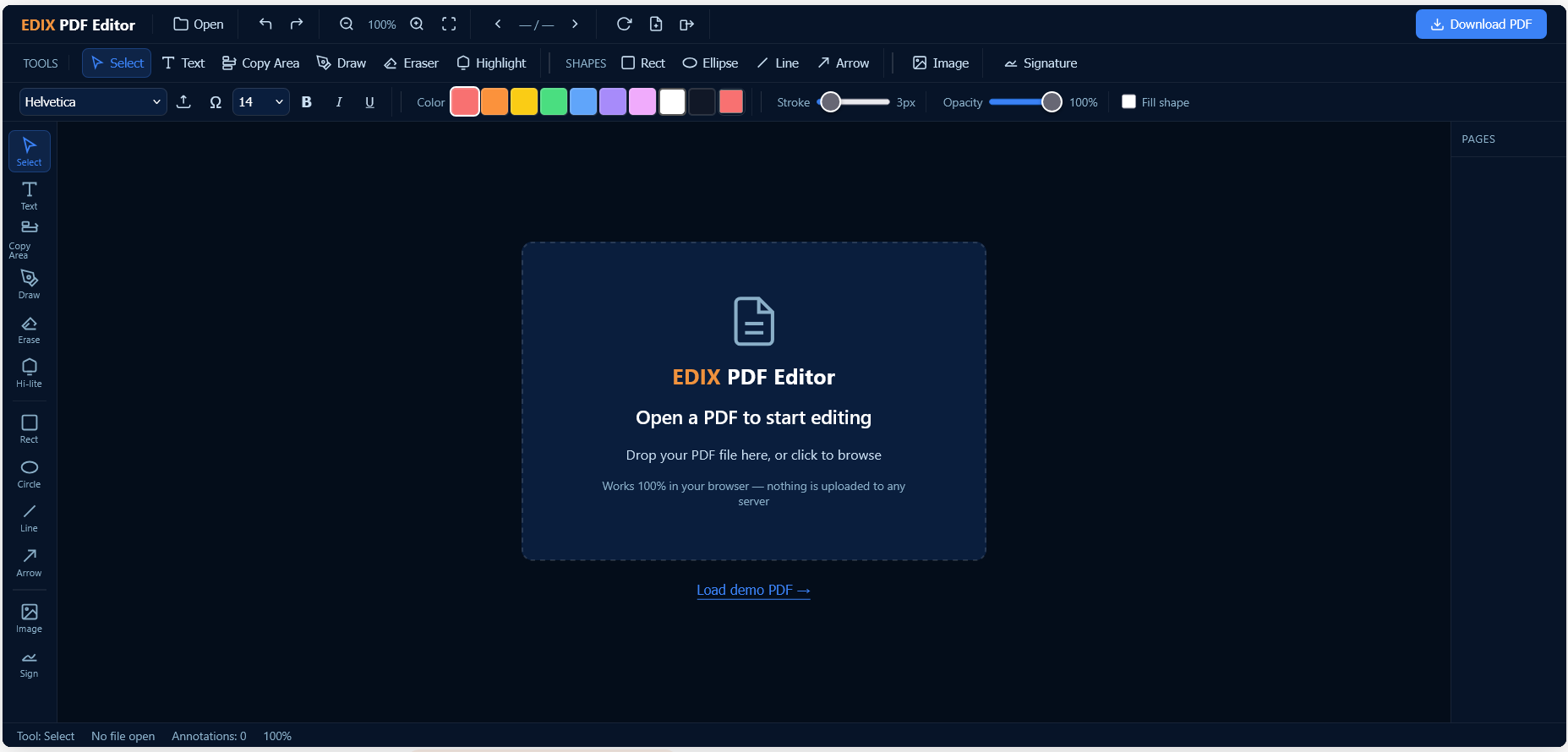 EDIX PDF Editor start screen — edit PDF online free with no signup required