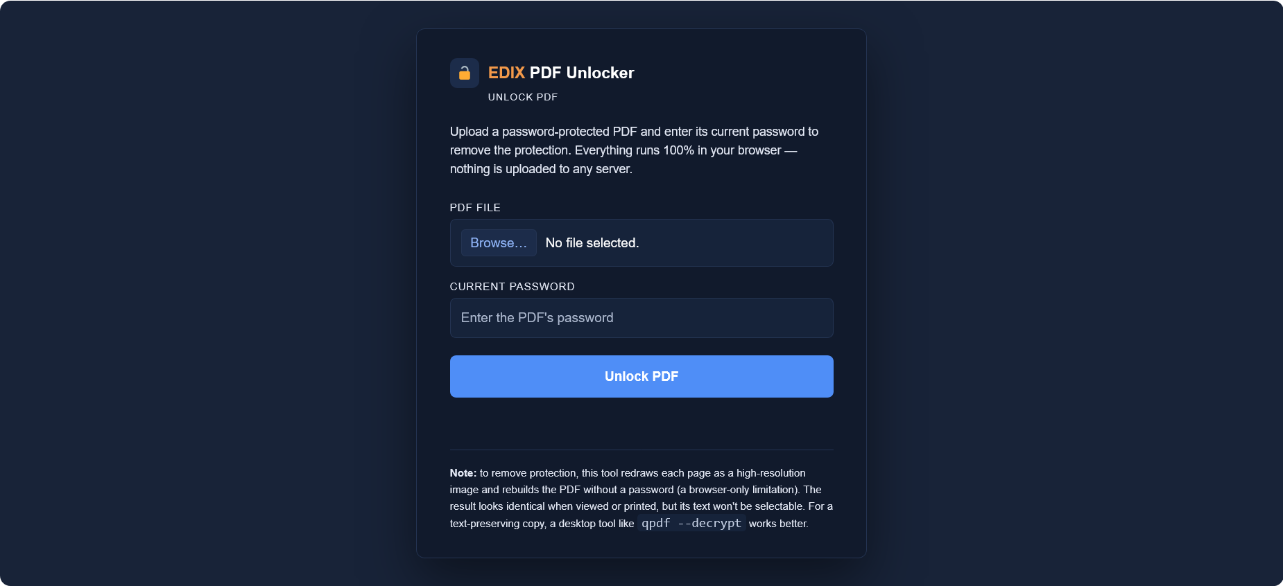 Remove a PDF password online with EDIX PDF Unlocker — upload screen